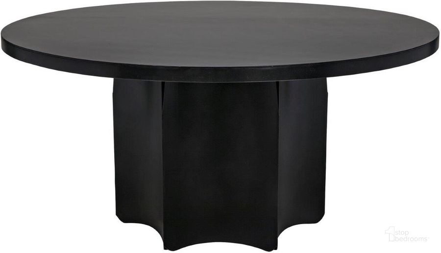 The appearance of Rome Dining Table In Black Steel designed by Noir in the transitional interior design. This matte black piece of furniture  was selected by 1StopBedrooms from Rome Collection to add a touch of cosiness and style into your home. Sku: GTAB527MTB. Table Base Style: Pedestal. Table Top Shape: Round. Material: Steel. Product Type: Dining Table. Size: 58". Image1