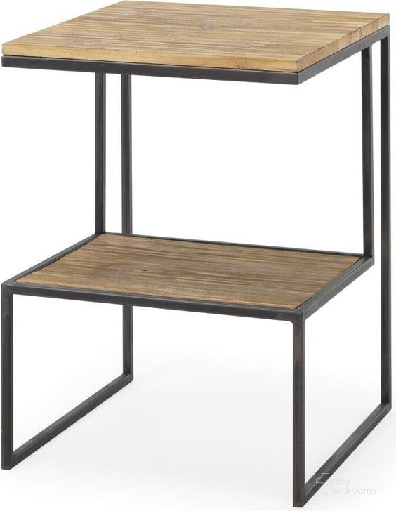 The appearance of Ronin 22 Inch Square 2-Tier Wood With Black Metal Accent Table designed by Mercana in the modern / contemporary interior design. This black piece of furniture  was selected by 1StopBedrooms from Ronin Collection to add a touch of cosiness and style into your home. Sku: 70092. Material: Wood. Product Type: Accent Table. Image1