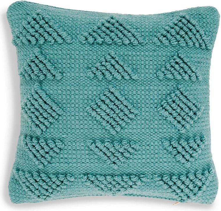 The appearance of Roseborough Teal Pillow designed by Off 5th Home in the transitional interior design. This teal piece of furniture  was selected by 1StopBedrooms from Roseborough Collection to add a touch of cosiness and style into your home. Sku: A1001012P. Product Type: Pillow. Image1