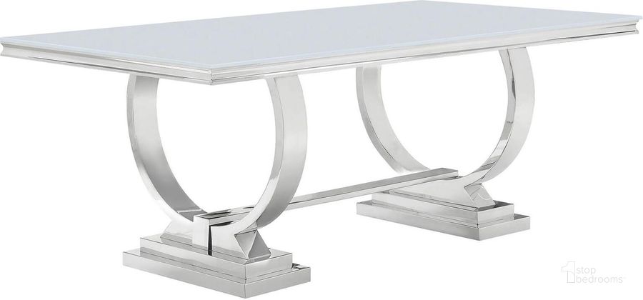 The appearance of Roseld Chrome Dining Table 0qd24390532 designed by Atelier Home in the modern / contemporary interior design. This chrome piece of furniture  was selected by 1StopBedrooms from Roseld Collection to add a touch of cosiness and style into your home. Sku: 108811B1;108811B2;108811B3. Table Base Style: Double Pedestal. Material: Steel. Product Type: Dining Table. Table Top Shape: Rectangular. Size: 42". Image1