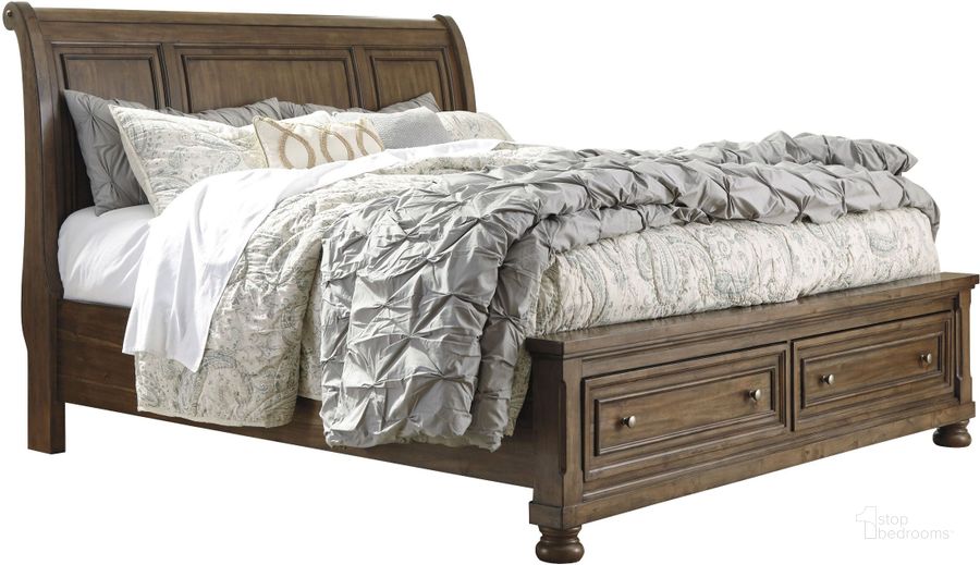 The appearance of Roselma Medium Brown California King Sleigh Bed designed by Isaac Tahari in the transitional interior design. This medium brown piece of furniture  was selected by 1StopBedrooms from Roselma Collection to add a touch of cosiness and style into your home. Sku: B719-78;B719-76;B719-95. Bed Type: Storage Bed. Material: Wood. Product Type: Storage Bed. Bed Size: California King. Image1