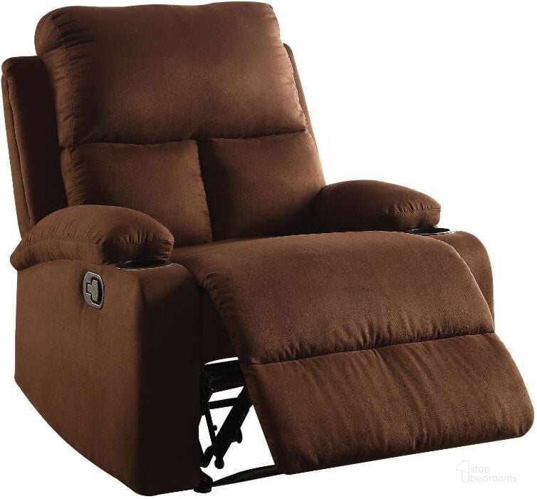 The appearance of Rosia Chocolate Microfiber Recliner designed by ACME in the modern / contemporary interior design. This chocolate brown piece of furniture  was selected by 1StopBedrooms from Rosia Collection to add a touch of cosiness and style into your home. Sku: 59553. Material: Microfiber. Product Type: Recliner. Image1