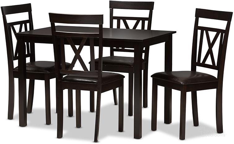 The appearance of Rosie Modern And Contemporary Dark Brown Faux Leather Upholstered 5-Piece Dining Set designed by Baxton Studio in the modern / contemporary interior design. This dark brown piece of furniture  was selected by 1StopBedrooms from Rosie Collection to add a touch of cosiness and style into your home. Sku: RH123C-Dark Brown Dining Set. Product Type: Dining Room Set. Material: Rubberwood. Image1