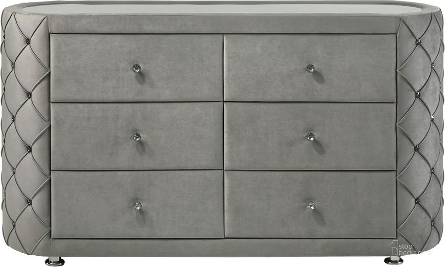 The appearance of Rosswood Gray Velvet Dresser designed by Atelier Home in the modern / contemporary interior design. This gray velvet piece of furniture  was selected by 1StopBedrooms from Rosswood Collection to add a touch of cosiness and style into your home. Sku: BD01065. Material: Wood. Product Type: Dresser. Image1