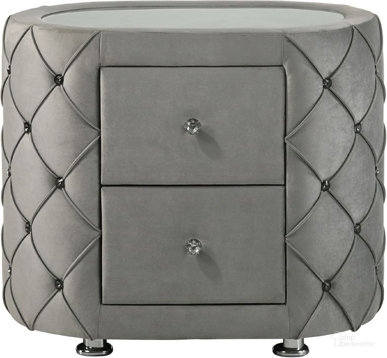 The appearance of Rosswood Gray Velvet Nightstand designed by Atelier Home in the modern / contemporary interior design. This gray velvet piece of furniture  was selected by 1StopBedrooms from Rosswood Collection to add a touch of cosiness and style into your home. Sku: BD01063. Material: Wood. Product Type: Nightstand. Image1