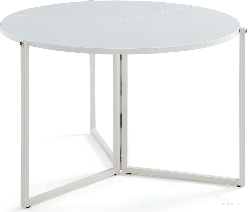 The appearance of Round Foldaway Dining Table 8389-DT-FLD-WHT designed by Chintaly Imports in the modern / contemporary interior design. This gloss white piece of furniture  was selected by 1StopBedrooms from  to add a touch of cosiness and style into your home. Sku: 8389-DT-FLD-WHT. Table Base Style: Trestle. Table Top Shape: Round. Product Type: Dining Table. Size: 43". Image1