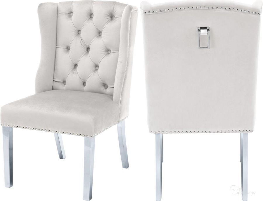 The appearance of Roxane Cream Velvet Dining Chair Set of 2 0qb24396225 designed by Furnique in the modern / contemporary interior design. This cream velvet piece of furniture  was selected by 1StopBedrooms from Roxane Collection to add a touch of cosiness and style into your home. Sku: 809Cream-C. Product Type: Dining Chair. Material: Velvet. Image1