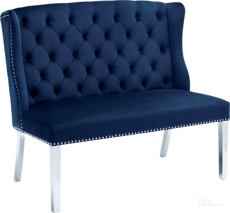 The appearance of Roxane Navy Velvet Bedroom Bench designed by Furnique in the modern / contemporary interior design. This navy velvet piece of furniture  was selected by 1StopBedrooms from Roxane Collection to add a touch of cosiness and style into your home. Sku: 810Navy. Product Type: Bench. Material: Velvet. Image1