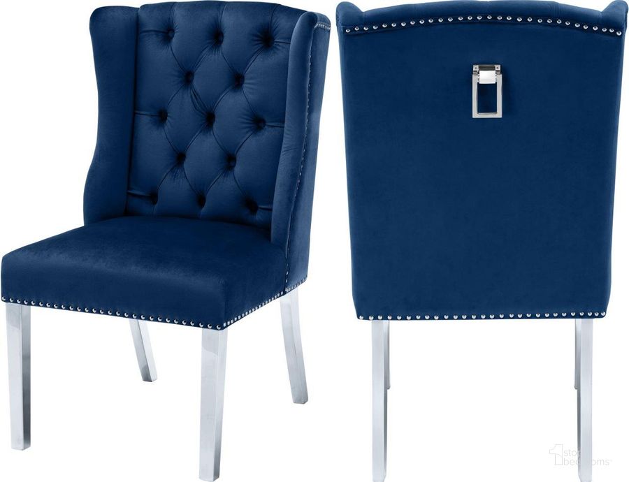 The appearance of Roxane Navy Velvet Dining Chair Set of 2 0qb24396227 designed by Furnique in the modern / contemporary interior design. This navy velvet piece of furniture  was selected by 1StopBedrooms from Roxane Collection to add a touch of cosiness and style into your home. Sku: 809Navy-C. Product Type: Dining Chair. Material: Velvet. Image1