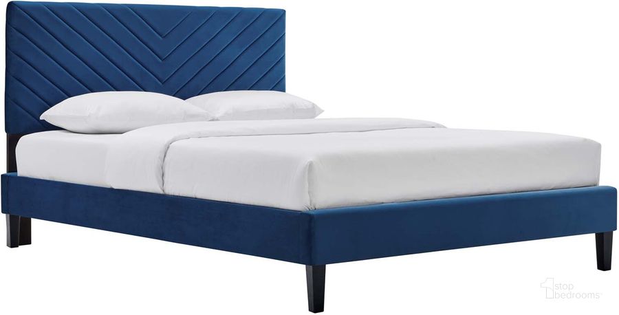 The appearance of Roxanne Performance Velvet Full Platform Bed In Navy designed by Modway in the modern / contemporary interior design. This navy piece of furniture  was selected by 1StopBedrooms from Roxanne Collection to add a touch of cosiness and style into your home. Sku: MOD-7038-NAV. Bed Type: Platform Bed. Product Type: Platform Bed. Bed Size: Full. Material: MDF. Image1