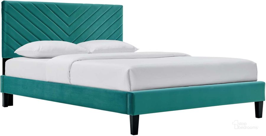 The appearance of Roxanne Performance Velvet Full Platform Bed In Teal designed by Modway in the modern / contemporary interior design. This teal piece of furniture  was selected by 1StopBedrooms from Roxanne Collection to add a touch of cosiness and style into your home. Sku: MOD-7038-TEA. Bed Type: Platform Bed. Product Type: Platform Bed. Bed Size: Full. Material: MDF. Image1