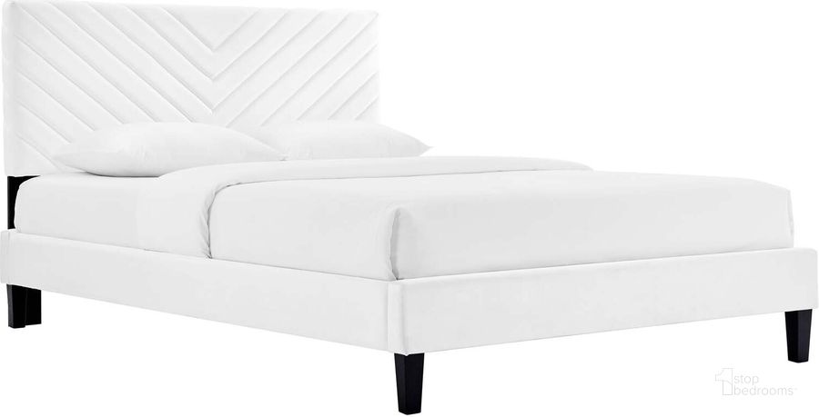 The appearance of Roxanne Performance Velvet King Platform Bed In White designed by Modway in the modern / contemporary interior design. This white piece of furniture  was selected by 1StopBedrooms from Roxanne Collection to add a touch of cosiness and style into your home. Sku: MOD-7046-WHI. Bed Type: Platform Bed. Product Type: Platform Bed. Bed Size: King. Material: MDF. Image1