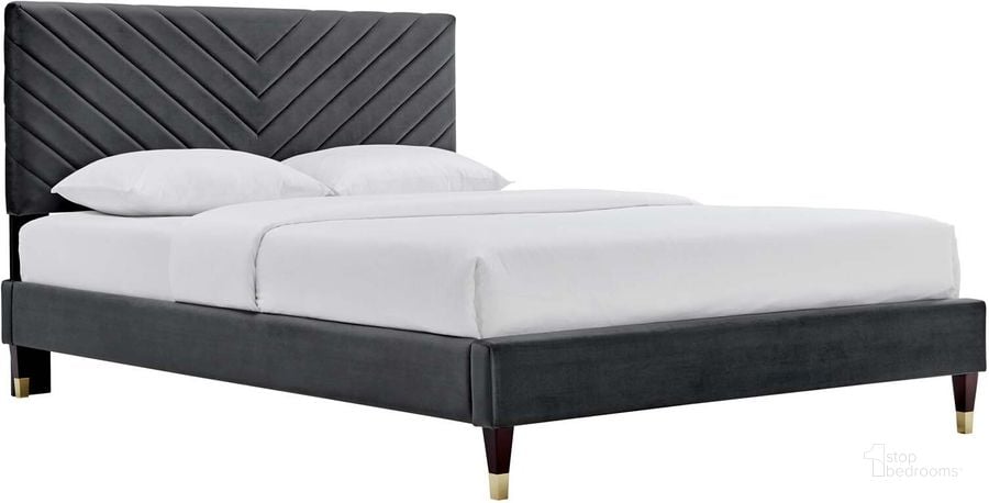 The appearance of Roxanne Performance Velvet Queen Platform Bed In Charcoal MOD-6286-CHA designed by Modway in the modern / contemporary interior design. This charcoal piece of furniture  was selected by 1StopBedrooms from Roxanne Collection to add a touch of cosiness and style into your home. Sku: MOD-6286-CHA. Bed Type: Platform Bed. Product Type: Platform Bed. Bed Size: Queen. Material: MDF. Image1