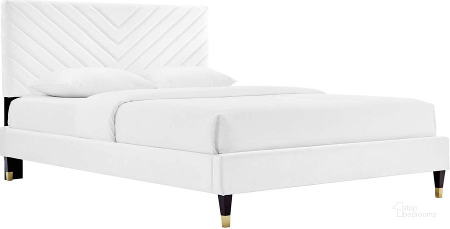 The appearance of Roxanne Performance Velvet Queen Platform Bed In White MOD-6286-WHI designed by Modway in the modern / contemporary interior design. This white piece of furniture  was selected by 1StopBedrooms from Roxanne Collection to add a touch of cosiness and style into your home. Sku: MOD-6286-WHI. Bed Type: Platform Bed. Product Type: Platform Bed. Bed Size: Queen. Material: MDF. Image1