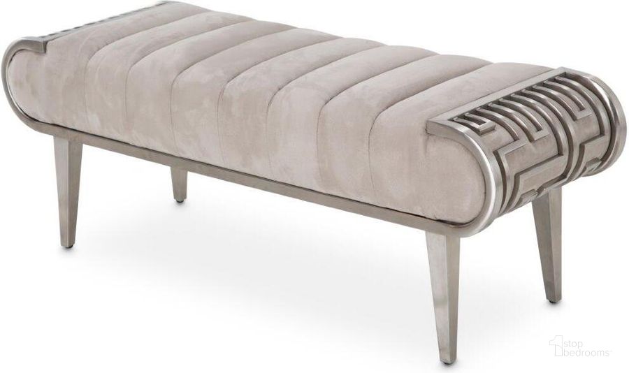 The appearance of Roxbury Park Tufted Bench In Stainless Steel designed by AICO in the transitional interior design. This stainless steel piece of furniture  was selected by 1StopBedrooms from Roxburry Collection to add a touch of cosiness and style into your home. Sku: N9006904-13. Material: Polyester. Product Type: Bench. Image1