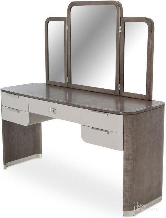 The appearance of Roxbury Park Vanity With Mirror In Slate designed by AICO in the transitional interior design. This slate piece of furniture  was selected by 1StopBedrooms from Roxburry Collection to add a touch of cosiness and style into your home. Sku: N9006207-220;N9006068-220. Material: Glass. Product Type: Vanity. Image1