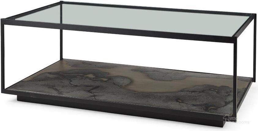 The appearance of Roxdale Acid Wash Metal Coffee Table With Glass Top designed by Mercana in the industrial interior design. This dark grey piece of furniture  was selected by 1StopBedrooms from Roxdale Collection to add a touch of cosiness and style into your home. Sku: 69261-AB. Material: Metal. Product Type: Coffee Table. Image1