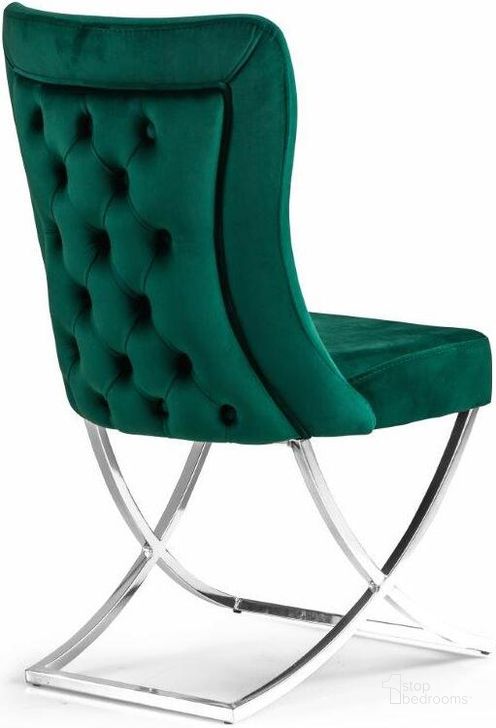 The appearance of Royal Upholstered Silver Legged Dining Chair In Green Set of 2 designed by Casamode in the modern / contemporary interior design. This green piece of furniture  was selected by 1StopBedrooms from Royal Collection to add a touch of cosiness and style into your home. Sku: ROL-GN-SL-AC. Material: Wood. Product Type: Dining Chair. Image1