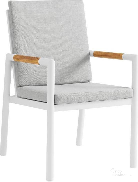 The appearance of Royal White Aluminum And Teak Outdoor Dining Chair With Light Gray Fabric designed by Armen Living in the modern / contemporary interior design. This light gray piece of furniture  was selected by 1StopBedrooms from Royal Collection to add a touch of cosiness and style into your home. Sku: 840254332799. Material: Aluminum. Product Type: Outdoor Dining Chair. Image1