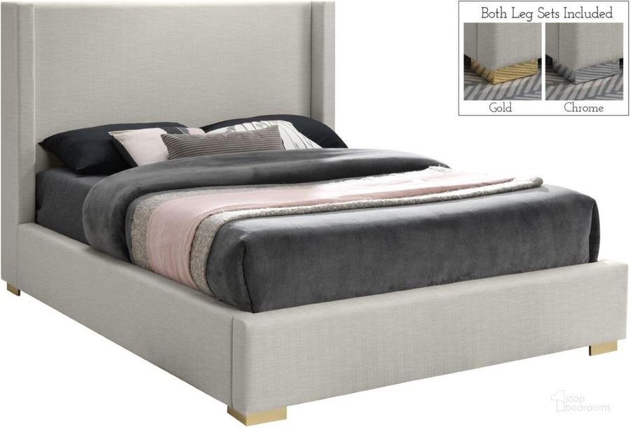 The appearance of Royce Beige Linen Fabric King Bed designed by Meridian in the modern / contemporary interior design. This beige linen fabric piece of furniture  was selected by 1StopBedrooms from Royce Collection to add a touch of cosiness and style into your home. Sku: RoyceBeige-K-1;RoyceBeige-K-2;RoyceBeige-K-3. Bed Type: Platform Bed. Material: Metal. Product Type: Platform Bed. Bed Size: King. Image1