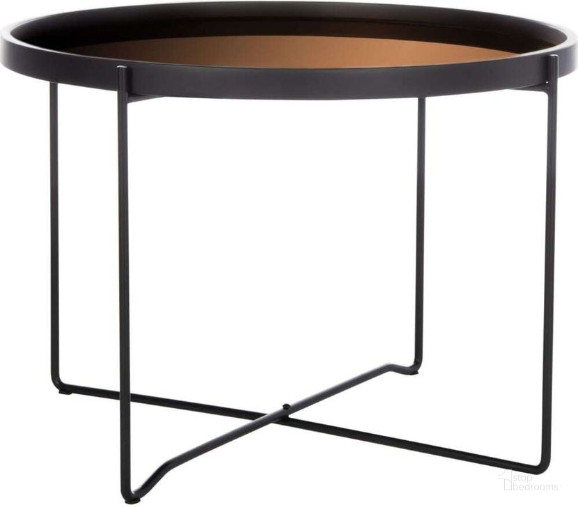 The appearance of Ruby Black and Rose Gold Medium Round Tray Top Accent Table designed by Safavieh in the modern / contemporary interior design. This gold and black piece of furniture  was selected by 1StopBedrooms from Ruby Collection to add a touch of cosiness and style into your home. Sku: ACC4205A. Product Type: Accent Table. Material: Iron. Image1