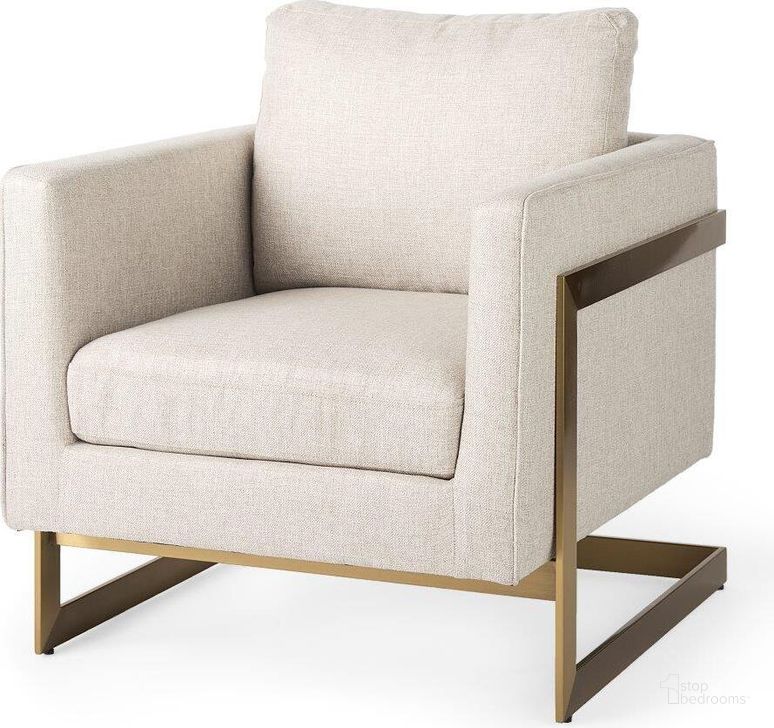 The appearance of Rupert Cream Poly-Linen Seat With Gold Stainless Steel Frame Accent Chair designed by Mercana in the modern / contemporary interior design. This cream piece of furniture  was selected by 1StopBedrooms from Rupert Collection to add a touch of cosiness and style into your home. Sku: 67929. Product Type: Accent Chair. Material: Linen. Image1