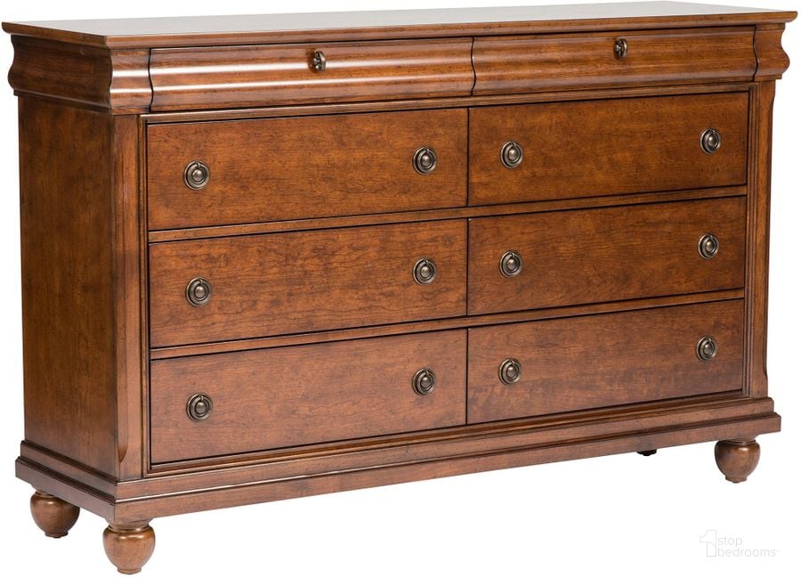 The appearance of Rustic Traditions 8 Drawer Dresser designed by Liberty in the traditional interior design. This brown piece of furniture  was selected by 1StopBedrooms from Rustic Collection to add a touch of cosiness and style into your home. Sku: 589-BR31. Material: Wood. Product Type: Dresser. Image1