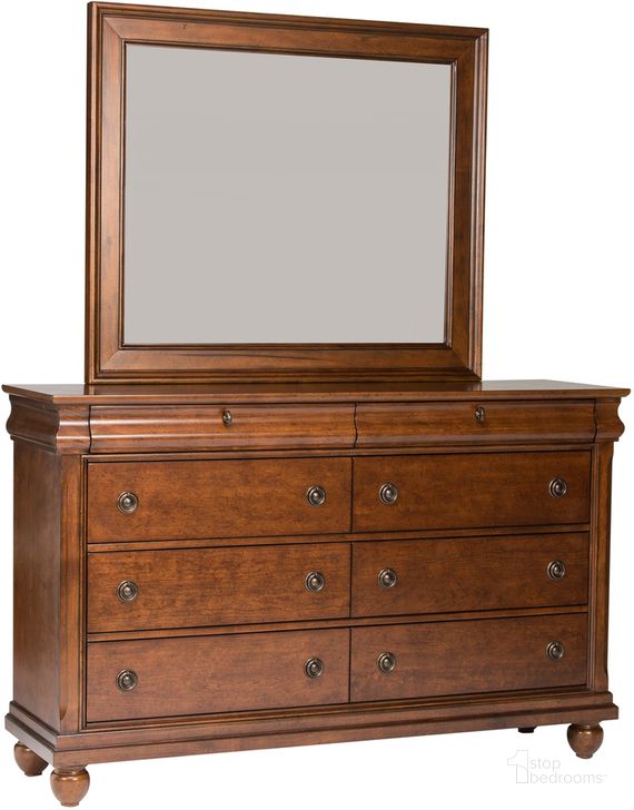 The appearance of Rustic Traditions Dresser And Mirror In Cherry designed by Liberty in the traditional interior design. This cherry piece of furniture  was selected by 1StopBedrooms from Rustic Traditions Collection to add a touch of cosiness and style into your home. Sku: 589-BR31;589-BR51. Product Type: Dresser and Mirror. Material: Poplar. Image1