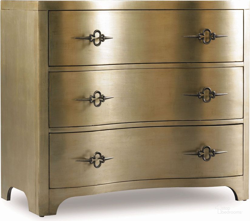 The appearance of Sanctuary Gold 3 Drawer Shaped Front Chest designed by Hooker in the traditional interior design. This gold piece of furniture  was selected by 1StopBedrooms from Sanctuary Collection to add a touch of cosiness and style into your home. Sku: 3008-85004. Material: Wood. Product Type: Accent Chest. Image1