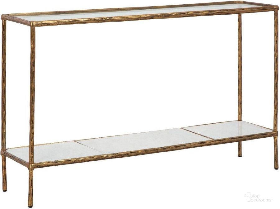 The appearance of Ryandale Antique Brass Finish Console Sofa Table designed by Signature Design by Ashley in the transitional interior design. This antique brass piece of furniture  was selected by 1StopBedrooms from Ryandale Collection to add a touch of cosiness and style into your home. Sku: A4000443. Material: Marble. Product Type: Sofa Table. Image1
