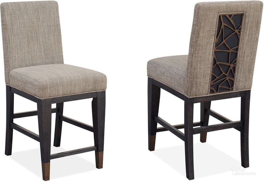 The appearance of Ryker Nocturn Black And Coventry Grey Counter Chair Set Of 2 designed by Magnussen in the transitional interior design. This black and beige piece of furniture  was selected by 1StopBedrooms from Ryker Collection to add a touch of cosiness and style into your home. Sku: D5013-83. Material: Wood. Product Type: Counter Height Chair. Image1
