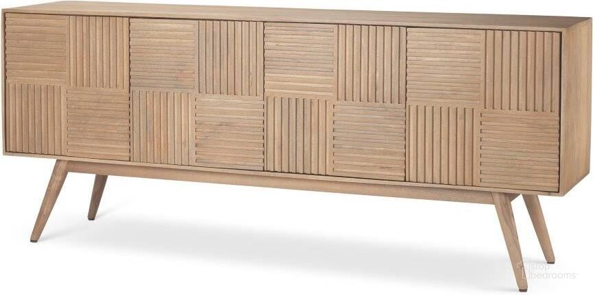 The appearance of Sable Light Brown Solid Wood 4 Door Sideboard designed by Mercana in the modern / contemporary interior design. This light brown piece of furniture  was selected by 1StopBedrooms from Sable Collection to add a touch of cosiness and style into your home. Sku: 69892. Material: Wood. Product Type: Sideboard. Image1