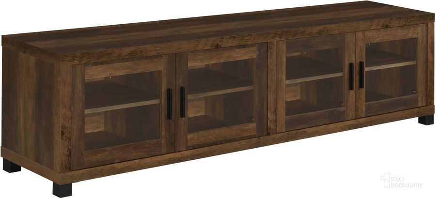 The appearance of Sachin Rectangular TV Console with Glass Doors In Dark Pine designed by Coaster in the rustic / southwestern interior design. This dark pine piece of furniture  was selected by 1StopBedrooms from Sachin Collection to add a touch of cosiness and style into your home. Sku: 736293. Material: Wood. Product Type: TV Stand. Image1