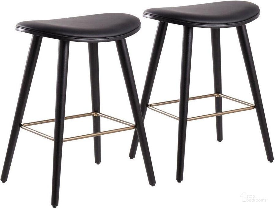 The appearance of Saddle 26 Inch Contemporary Counter Stool In Black Wood And Black Faux Leather With Gold Metal - Set Of 2 designed by Lumisource in the modern / contemporary interior design. This black piece of furniture  was selected by 1StopBedrooms from Saddle Collection to add a touch of cosiness and style into your home. Sku: B26-SADL BKAUBK2. Product Type: Barstool. Material: PU. Image1
