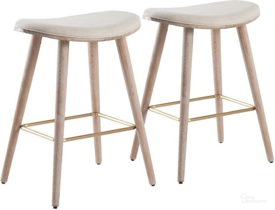 The appearance of Saddle 26 Inch Contemporary Counter Stool In White Washed Wood And Cream Fabric With Gold Metal - Set Of 2 designed by Lumisource in the modern / contemporary interior design. This white wash piece of furniture  was selected by 1StopBedrooms from Saddle Collection to add a touch of cosiness and style into your home. Sku: B26-SADL WWNCR2. Material: Polyester. Product Type: Barstool. Image1