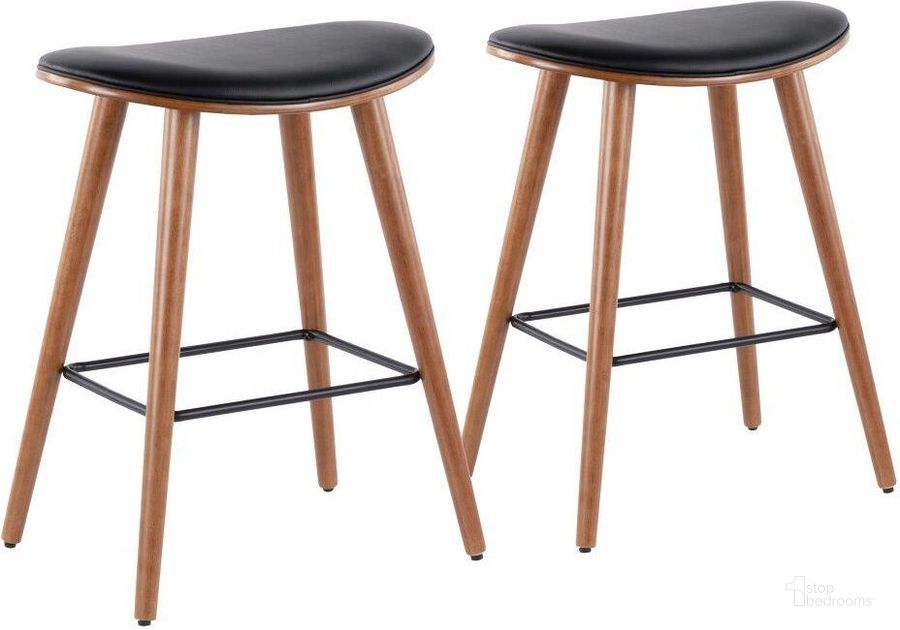 The appearance of Saddle 26 Inch Mid-Century Modern Counter Stool In Walnut And Black Faux Leather - Set Of 2 designed by Lumisource in the transitional interior design. This walnut piece of furniture  was selected by 1StopBedrooms from Saddle Collection to add a touch of cosiness and style into your home. Sku: B26-SADL WL+BK2. Material: Wood. Product Type: Barstool. Image1