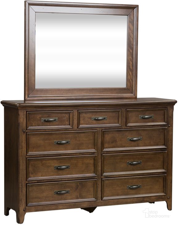 The appearance of Saddlebrook Dresser And Mirror In Dark Brown designed by Liberty in the transitional interior design. This dark brown piece of furniture  was selected by 1StopBedrooms from Saddlebrook Collection to add a touch of cosiness and style into your home. Sku: 184-BR31;184-BR51. Product Type: Dresser and Mirror. Material: Rubberwood. Image1