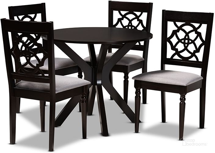 The appearance of Sadie Modern and Contemporary Grey Fabric Upholstered and Dark Brown Finished Wood 5-Piece Dining Set designed by Baxton Studio in the modern / contemporary interior design. This grey and dark brown piece of furniture  was selected by 1StopBedrooms from Sadie Collection to add a touch of cosiness and style into your home. Sku: Sadie-Grey/Dark Brown-5PC Dining Set. Product Type: Dining Room Set. Material: MDF. Image1
