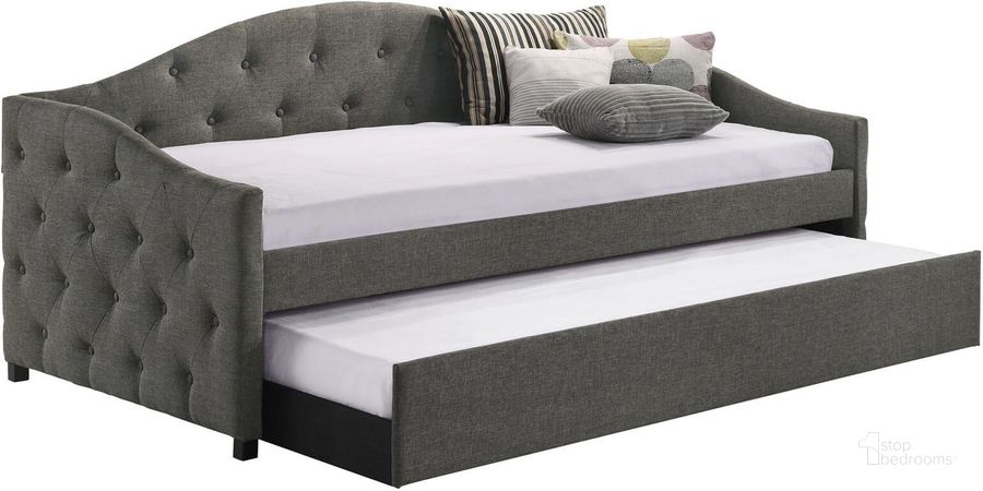 The appearance of Sadie Upholstered Twin Daybed with Trundle In Grey designed by Coaster in the glam interior design. This grey piece of furniture  was selected by 1StopBedrooms from Sadie Collection to add a touch of cosiness and style into your home. Sku: 300638B1;300638B2. Bed Type: Daybed. Material: Upholstered. Product Type: DayBed. Bed Size: Twin. Image1