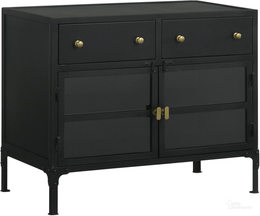 The appearance of Sadler 2-Drawer Accent Cabinet with Glass Doors In Black designed by Coaster in the industrial interior design. This black piece of furniture  was selected by 1StopBedrooms from Sadler Collection to add a touch of cosiness and style into your home. Sku: 951761. Material: Metal. Product Type: Accent Cabinet. Image1