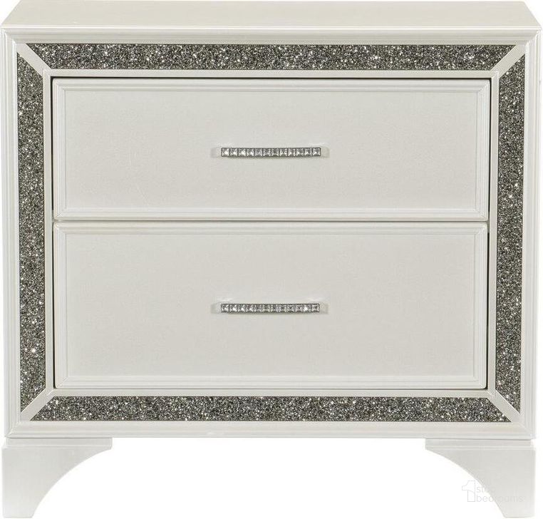 The appearance of Salon Pearl White Metallic Nightstand designed by Homelegance in the transitional interior design. This white piece of furniture  was selected by 1StopBedrooms from Salon Collection to add a touch of cosiness and style into your home. Sku: 1572W-4. Material: Wood. Product Type: Nightstand. Image1