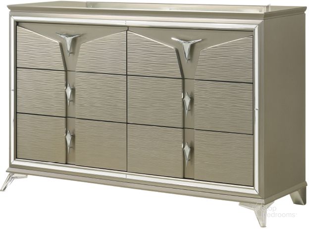 The appearance of Samantha Modern Style 6-Drawer Dresser Made With Wood and Mirrored Accents designed by Galaxy Home Furnishings in the modern / contemporary interior design. This silver piece of furniture  was selected by 1StopBedrooms from Samantha Collection to add a touch of cosiness and style into your home. Sku: 601955550369. Material: Wood. Product Type: Dresser. Image1