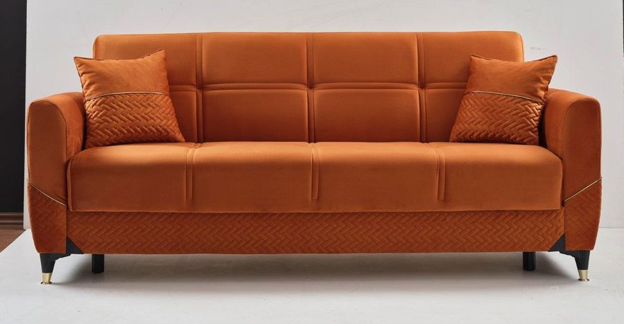 The appearance of Samba Upholstered Convertible Sofabed with Storage In Orange designed by Casamode in the modern / contemporary interior design. This orange piece of furniture  was selected by 1StopBedrooms from Samba Collection to add a touch of cosiness and style into your home. Sku: SMB-OR-SB. Material: Microfiber. Product Type: Sofa Bed. Image1