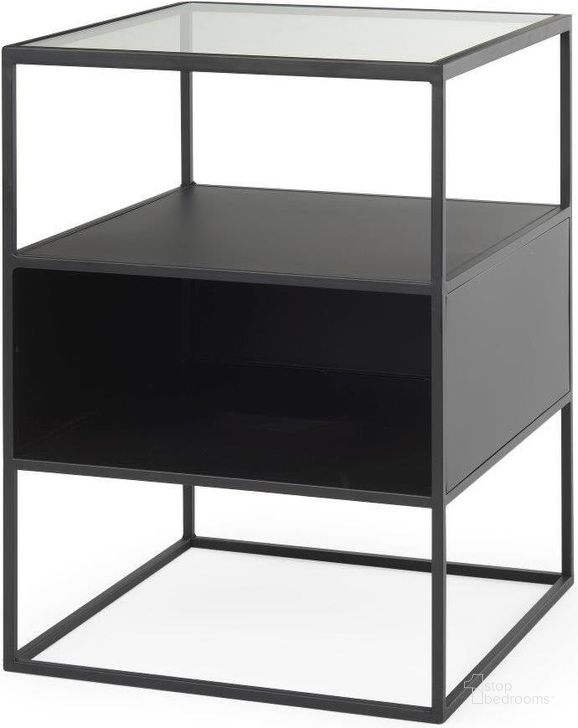 The appearance of Samson Matte Black Metal And Glass Side Table designed by Mercana in the modern / contemporary interior design. This black piece of furniture  was selected by 1StopBedrooms from Samson Collection to add a touch of cosiness and style into your home. Sku: 70096. Material: Metal. Product Type: Side Table. Image1
