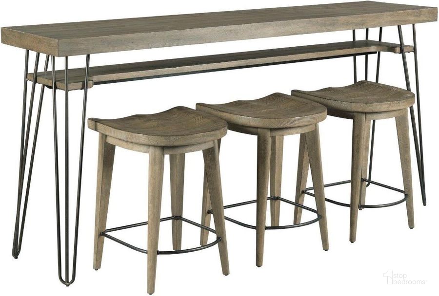 The appearance of Sanbern Bar Console With Three Stools designed by Hammary in the transitional interior design. This light stain piece of furniture  was selected by 1StopBedrooms from Sanbern Collection to add a touch of cosiness and style into your home. Sku: 051-587. Material: Wood. Product Type: Counter Height Table. Table Top Shape: Rectangular. Size: 78". Image1