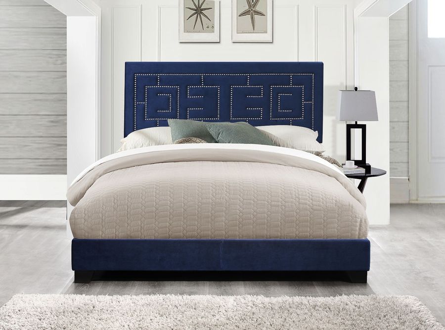 The appearance of Sandbrook Dark Blue King Panel Bed designed by Isaac Tahari in the transitional interior design. This dark blue piece of furniture  was selected by 1StopBedrooms from Sandbrook Collection to add a touch of cosiness and style into your home. Sku: 21637EK. Bed Type: Panel Bed. Material: Wood. Product Type: Panel Bed. Bed Size: King.