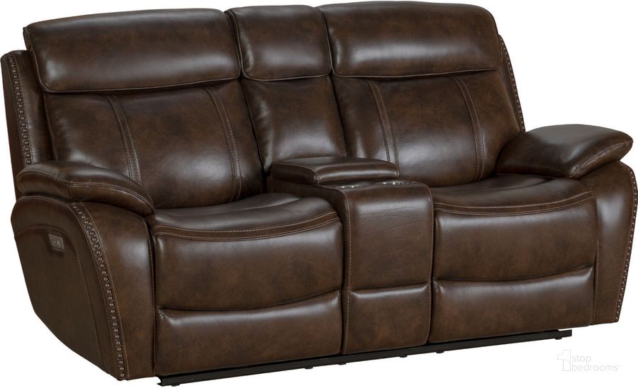 The appearance of Sandover Power Reclining Console Loveseat in Tri-Tone Chocolate Leather designed by BarcaLounger in the transitional interior design. This chocolate piece of furniture  was selected by 1StopBedrooms from Sandover Collection to add a touch of cosiness and style into your home. Sku: 24PHL3703371386. Material: Leather. Product Type: Reclining Loveseat. Image1