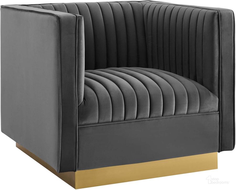 The appearance of Sanguine Gray Vertical Channel Tufted Accent Performance Velvet Arm Chair designed by Modway in the modern / contemporary interior design. This gray piece of furniture  was selected by 1StopBedrooms from Sanguine Collection to add a touch of cosiness and style into your home. Sku: EEI-3406-GRY. Material: Wood. Product Type: Living Room Chair. Image1