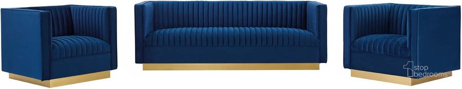 The appearance of Sanguine Navy 3 Piece Vertical Channel Tufted Upholstered Performance Velvet Set designed by Modway in the modern / contemporary interior design. This navy piece of furniture  was selected by 1StopBedrooms from Sanguine Collection to add a touch of cosiness and style into your home. Sku: EEI-4144-NAV-SET. Material: Wood. Product Type: Living Room Set. Image1