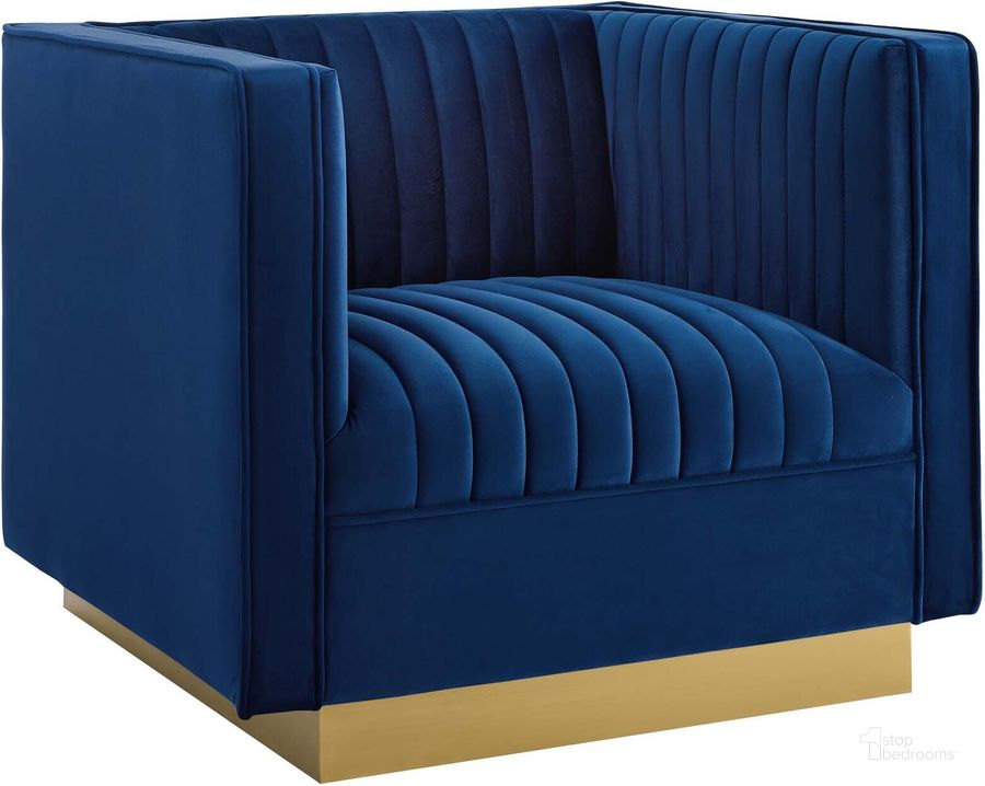 The appearance of Sanguine Navy Vertical Channel Tufted Accent Performance Velvet Arm Chair designed by Modway in the modern / contemporary interior design. This navy piece of furniture  was selected by 1StopBedrooms from Sanguine Collection to add a touch of cosiness and style into your home. Sku: EEI-3406-NAV. Material: Wood. Product Type: Living Room Chair. Image1
